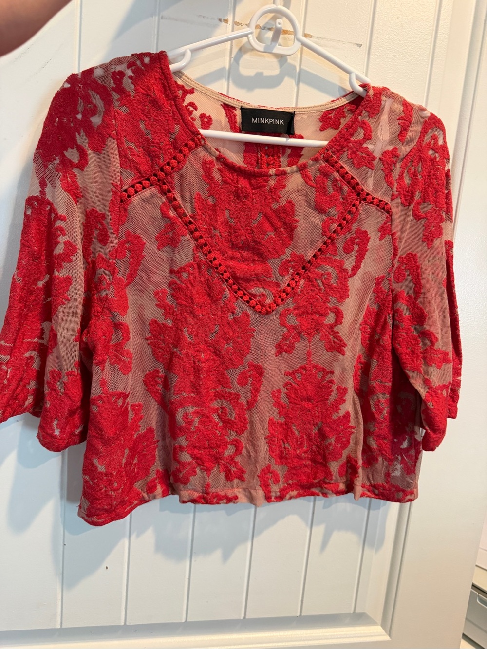 MINKPINK Red Sheer Embroidered Floral Blouse
